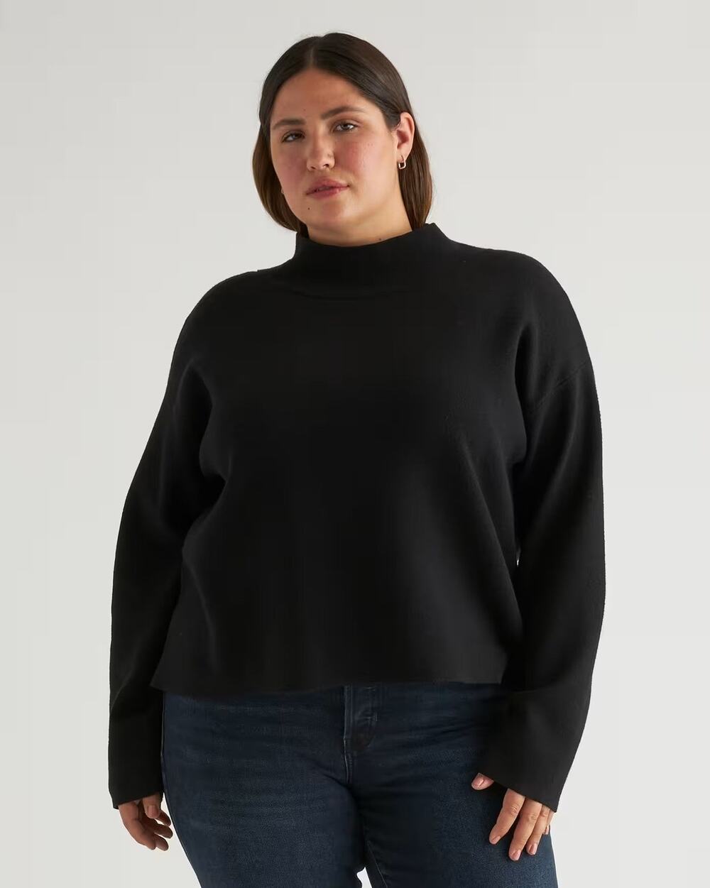 Quince Eco-Knit Milano Stitch Mock Neck Pullover - S - Black